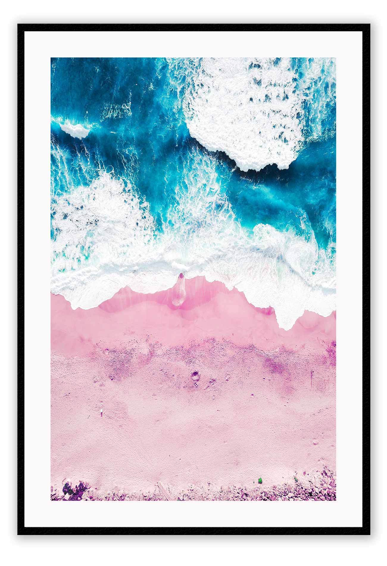 Pink sand ocean photography print with beach ocean sea coastal tones from aerial view.